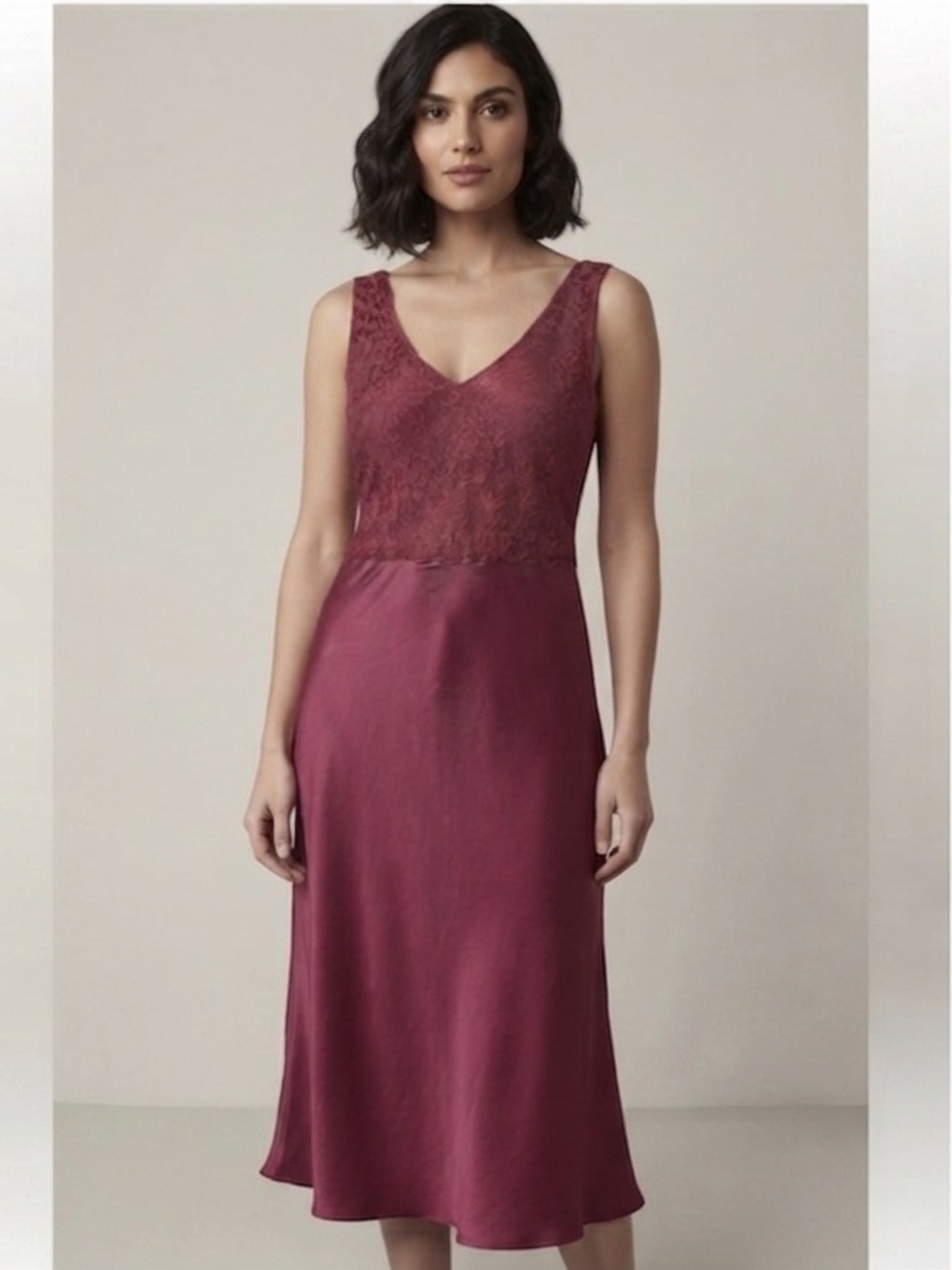 Vintage 90s WinterSilks 100% Silk Slip Dress Nightgown Burgundy Lace Bodice L